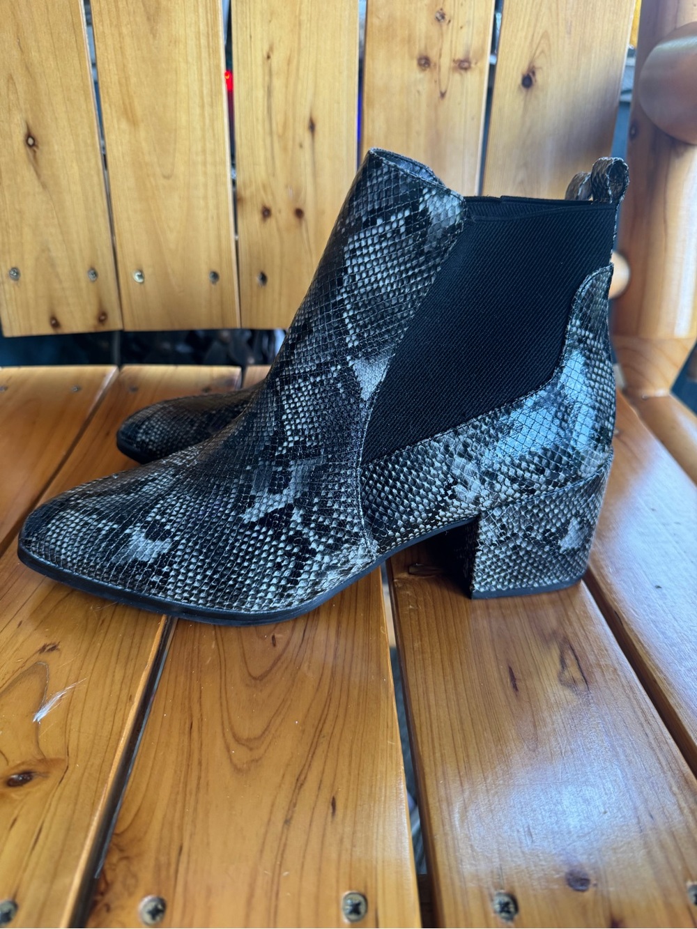 Anne Klein Black Snakeskin Chelsea Block Heel Booties